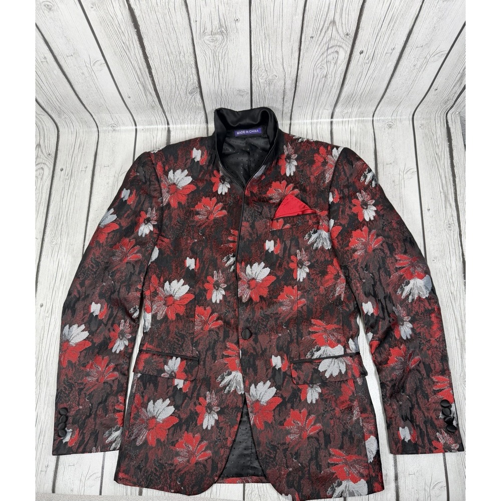 Retro Floral Metallic Jacquard Blazer Men's Size 36R Red Black Tuxedo Jacket